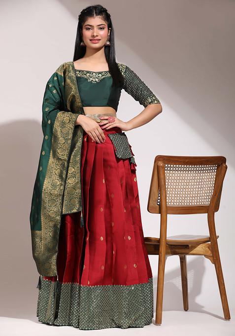 Maroon Sequin Embroidered Litchi Silk Lehenga Set