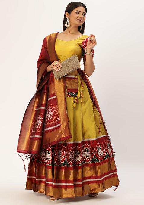 Yellow Woven Design Zari Embellished Lehenga Set