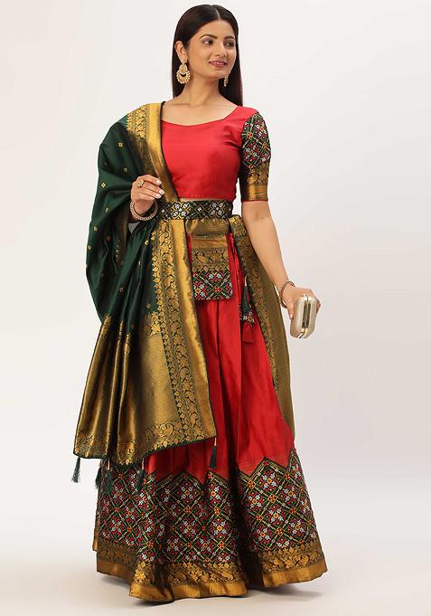 Red Woven Design Zari Embroidered Lehenga Set