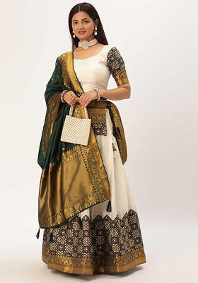 White Woven Design Zari Embroidered Silk Lehenga Set