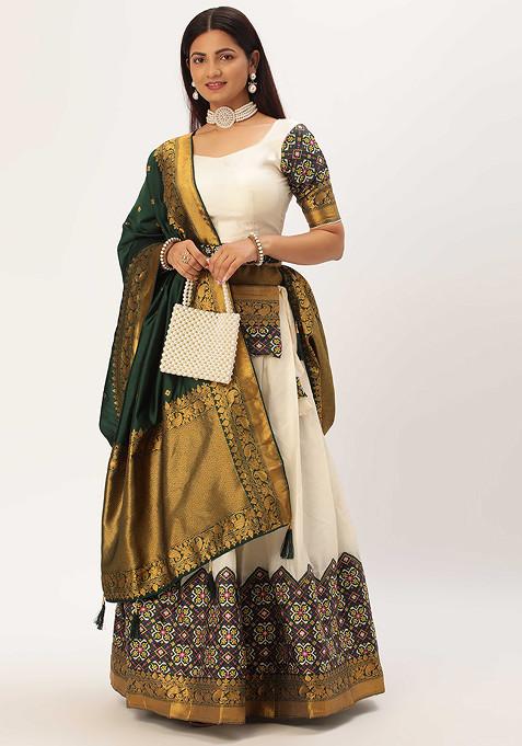 White Woven Design Zari Embroidered Silk Lehenga Set