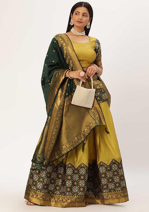 Yellow Zari Embellished Woven Design Litchi Silk Lehenga Set