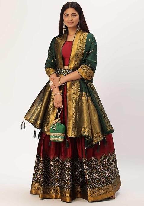 Maroon Woven Design Litchi Silk Lehenga Set