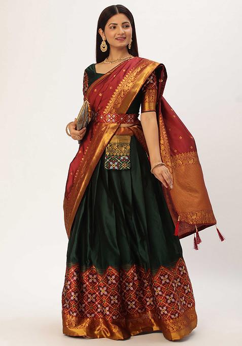 Deep Green Woven Design Zari Embroidered Lehenga Set