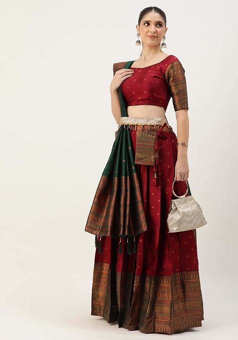 Maroon Woven Design Litchi Lehenga Set