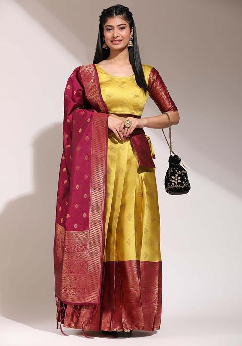 Yellow Zari Embellished Woven Design Lehenga Set