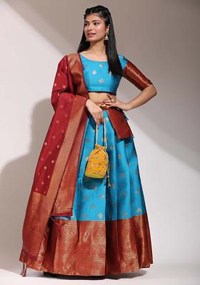 Firozi Woven Design Zari Embroidered Lehenga Set