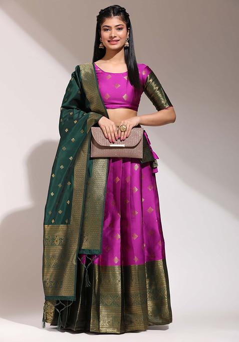 Purple Woven Zari Embroidered Litchi Silk Lehenga Set