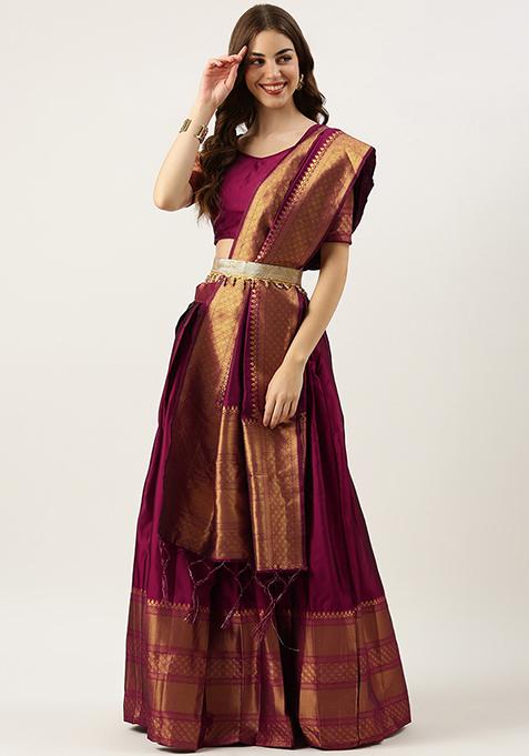 Purple Woven Embroidered Litchi Silk Lehenga Set