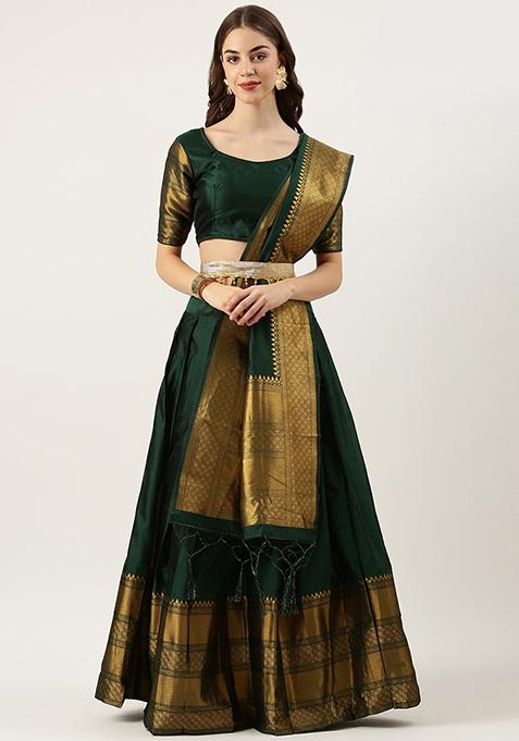 Dark Green Woven Design Embroidered Silk Lehenga Set