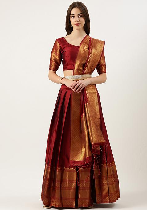 Maroon Zari Embroidered Litchi Silk Lehenga Set