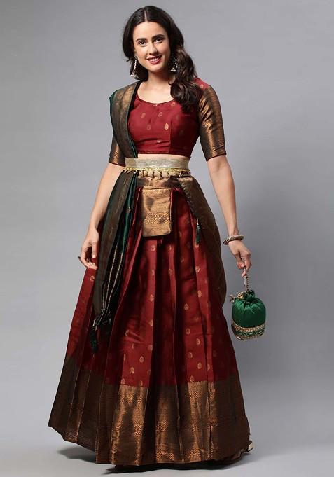 Maroon Zari Embroidered Litchi Silk Lehenga Set