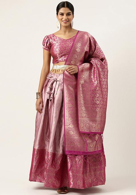 Baby Pink Zari Embroidered Silk Lehenga Set