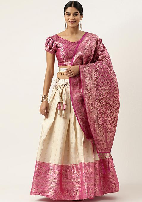 Cream Woven Design Embroidered Litchi Silk Lehenga Set