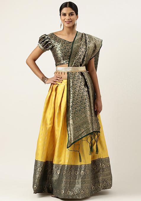 Yellow Zari Woven Embroidered Litchi Silk Lehenga Set