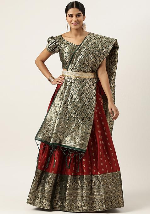 Maroon Woven Design Zari Embellished Lehenga Set