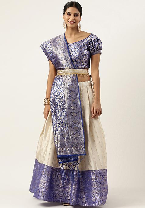 Royal Blue Zari Embroidered Litchi Silk Lehenga Set