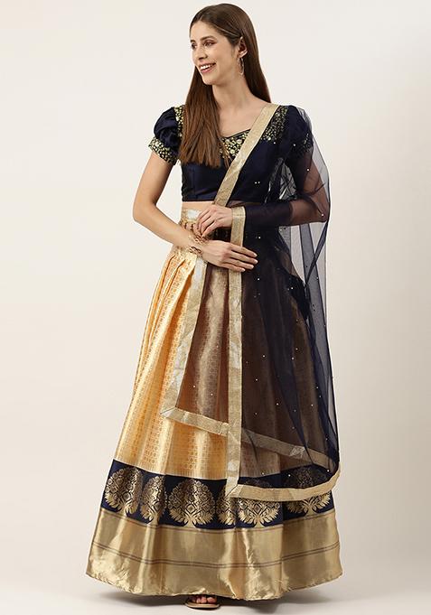 Blue Zari Woven Embroidered Silk Lehenga Set