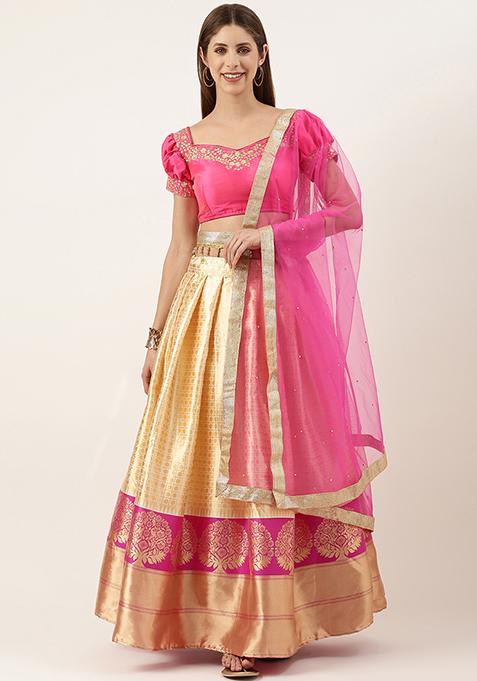 Pink Zari Embroidered Litchi Silk Lehenga Set