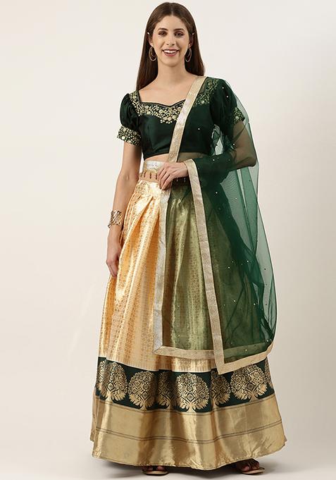 Dark Green Woven Design Embroidered Lehenga Set