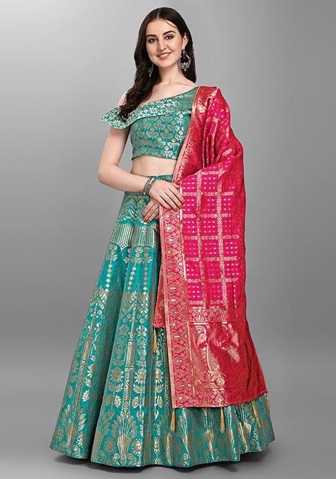 Sea Green Sequin Zari Embroidered Jacquard Lehenga Set