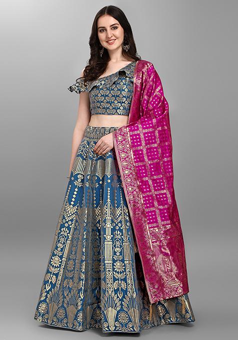 Teal Sequin Zari Embroidered Jacquard Lehenga Set