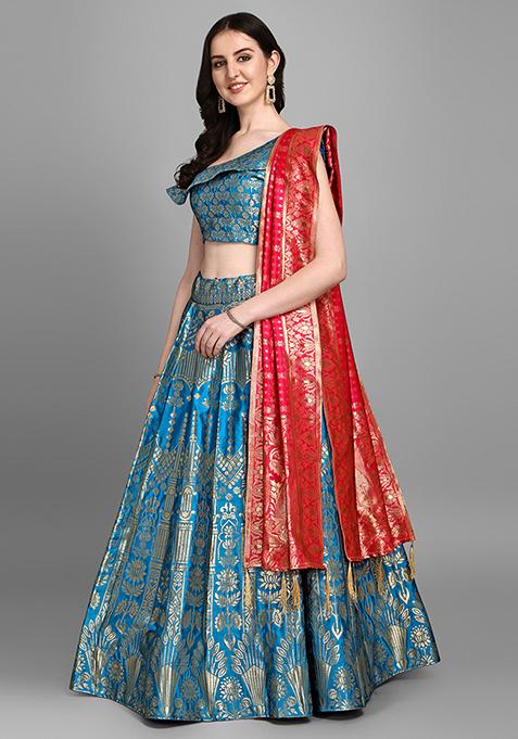 Turquoise Sequin Zari Embroidered Jacquard Lehenga Set