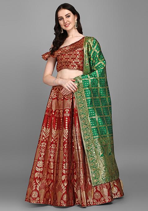 Red Sequin Zari Embroidered Jacquard Lehenga Set