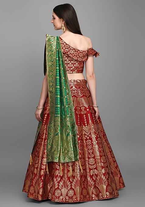 Red Silk Jacquard Swarovski Lehenga