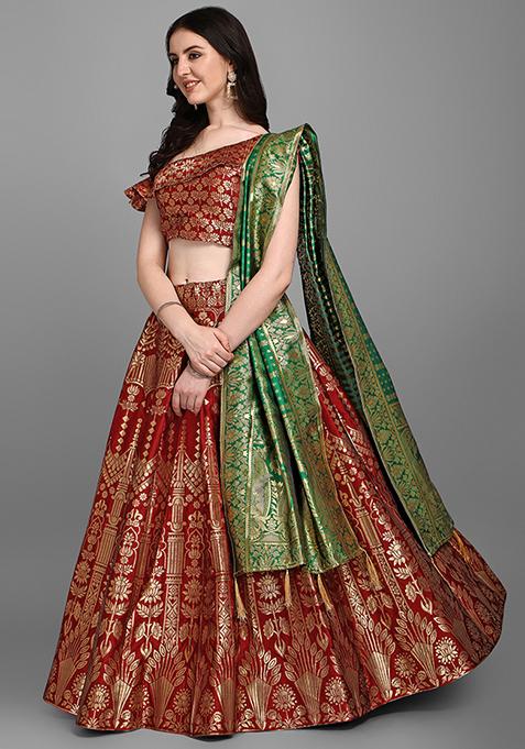 Banarasi Self Design Lehenga Set with Sequin Zari Embroidery & Bandhani Print Dupatta main image 1