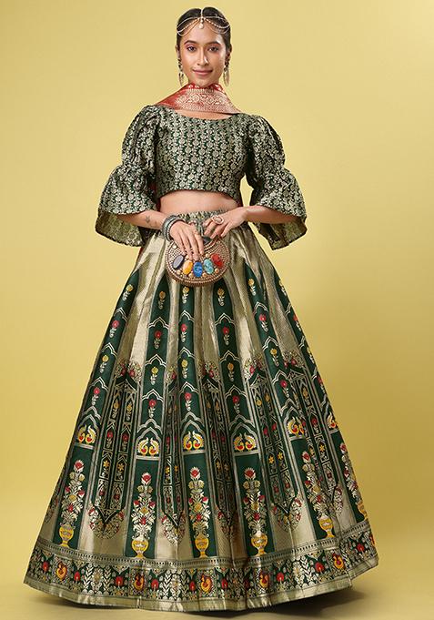 Dark Green Sequin Zari Embroidered Jacquard Lehenga Set