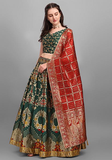 Dark Green Sequin Zari Embroidered Lehenga Set