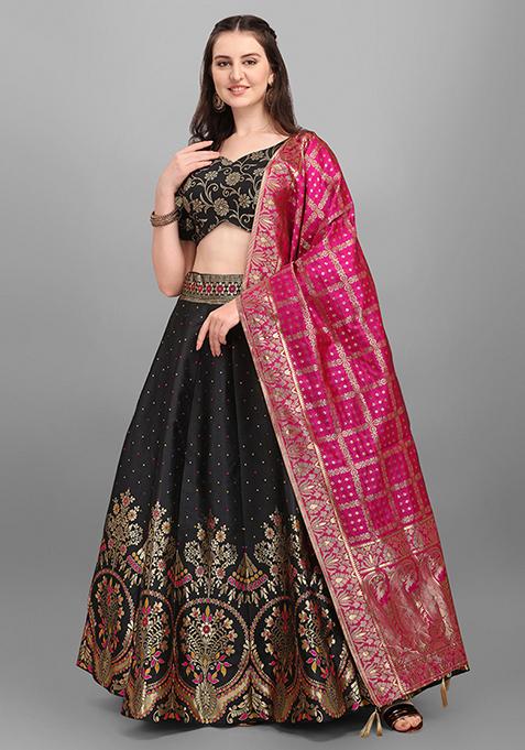 Black Sequin Zari Embroidered Jacquard Lehenga Set