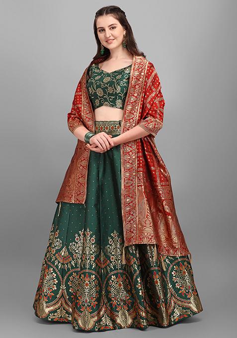 Dark Green Zari Woven Jacquard Lehenga Set