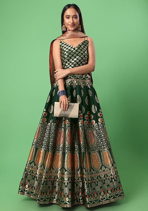 Dark Green Zari Woven Work Jacquard Lehenga Set