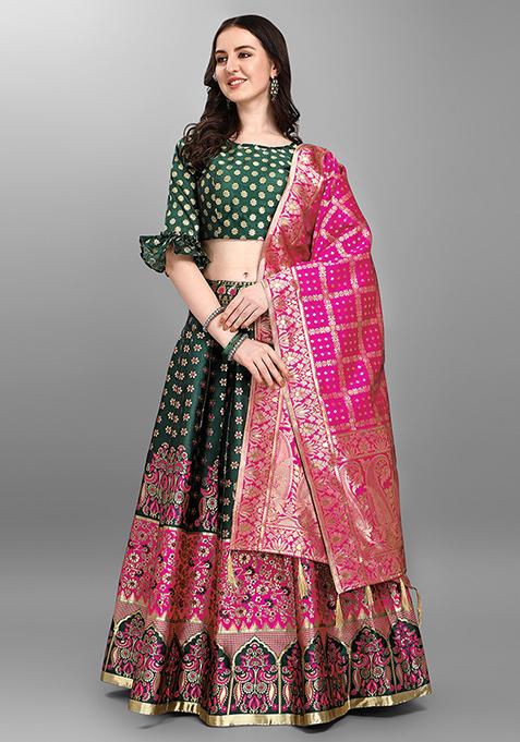 Dark Green Zari Woven Work Lehenga Set