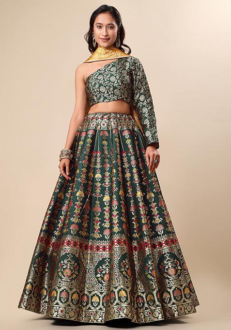 Dark Green Woven Zari Work Jacquard Lehenga Set