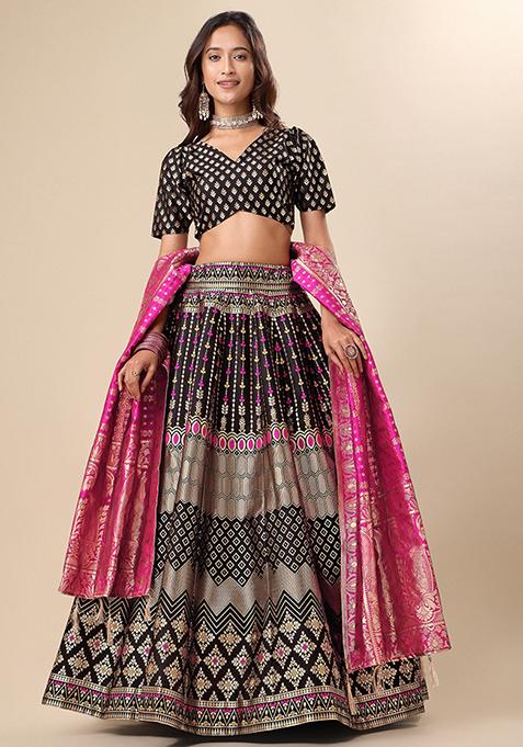 Black Zari Woven Work Lehenga Set