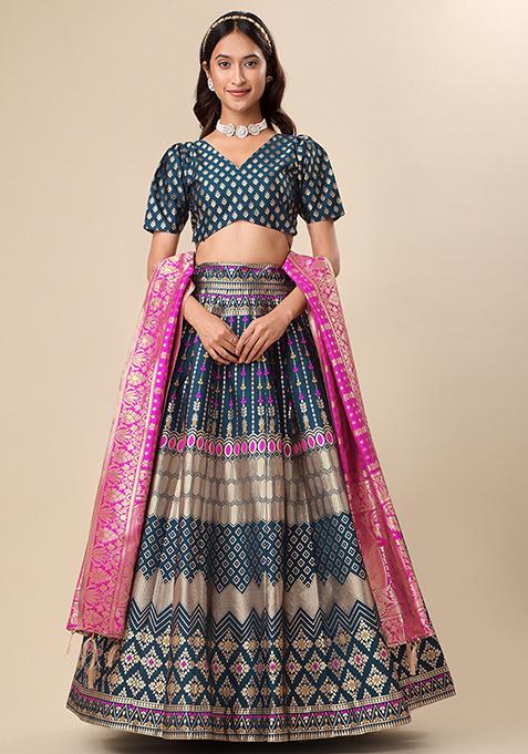 Teal Woven Zari Work Lehenga Set