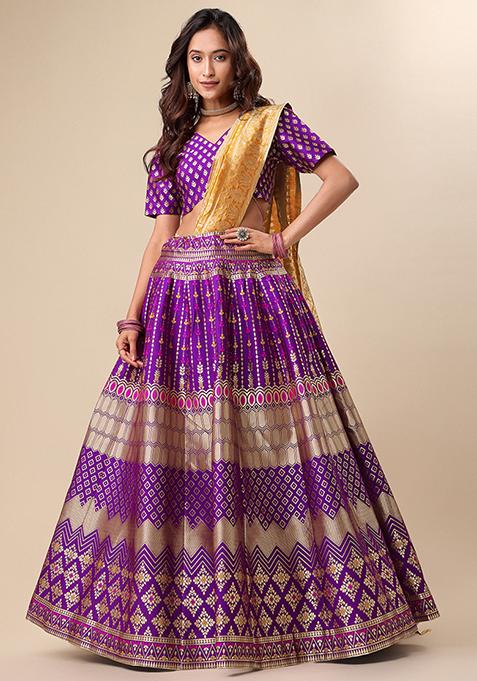 Purple Woven Zari Work Jacquard Lehenga Set