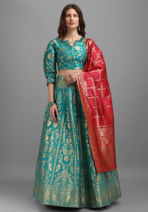 Turquoise Woven Zari Work Jacquard Lehenga Set