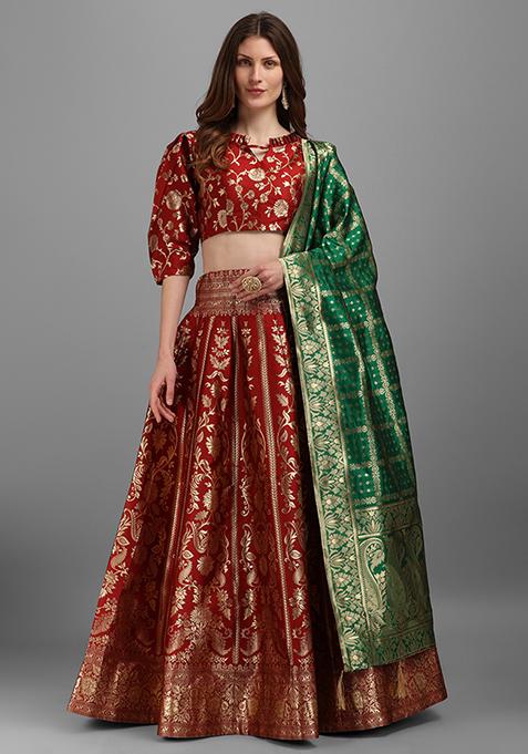 Maroon Woven Zari Work Jacquard Lehenga Set