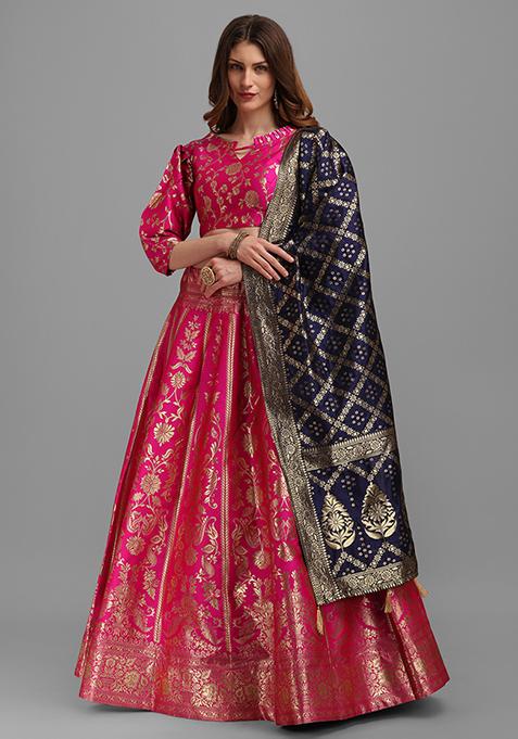 Rani Pink Woven Zari Work Jacquard Lehenga Set