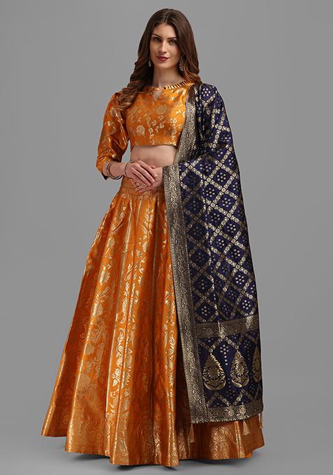 Light Orange Woven Zari Work Jacquard Lehenga Set