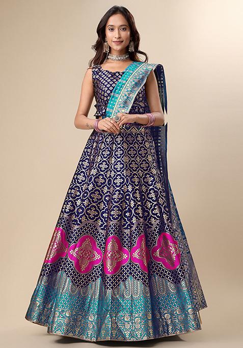 Navy Blue Woven Zari Embroidered Lehenga Set