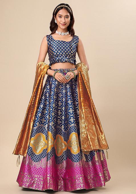 Teal Woven Zari Embroidered Lehenga Set