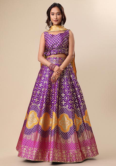 Purple Woven Zari Banarasi Jacquard Lehenga Set