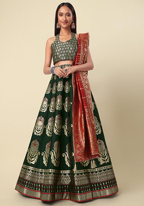 Dark Green Woven Zari Banarasi Jacquard Lehenga Set