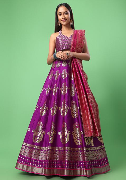 Purple Woven Zari Work Banarasi Jacquard Lehenga Set