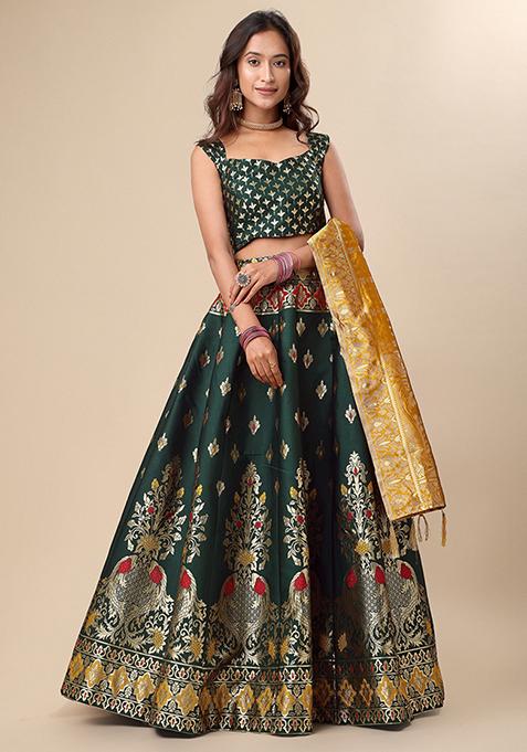 Dark Green Woven Zari Work Lehenga Set